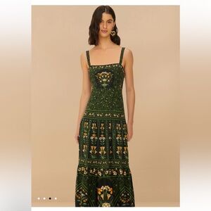 FARM RIO FLOWERS ARCH SLEEVELESS LINEN BLEND MIDI DRESS